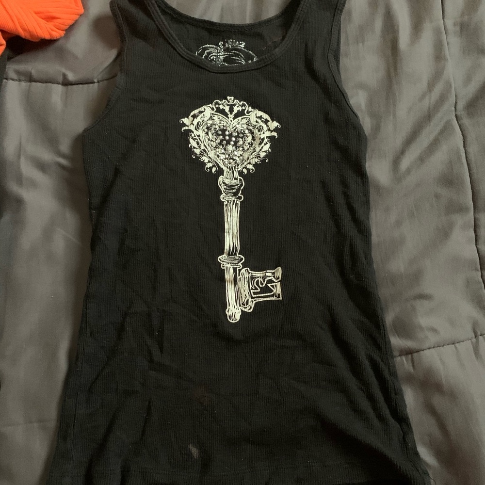 Wife beater key heart rhinestone black tank top